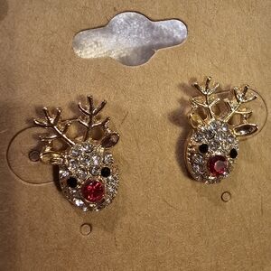 Gold Reindeer Earrings with Red and Clear Accents